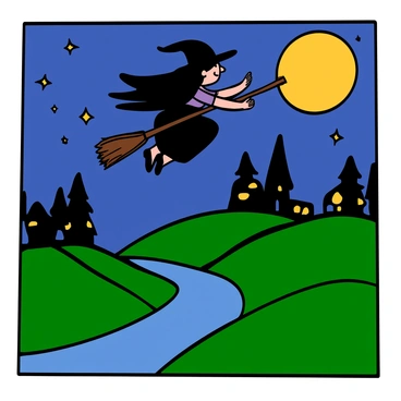 A young witch with light skin and long, flowing black hair is flying on her broomstick. She is wearing a classic black witch's hat and a dark purple dress. Below her, a moonlit landscape stretches out, showcasing rolling hills and a shimmering river reflecting the moonlight. The sky is a deep navy blue filled with sparkling stars. In the distance, there are silhouettes of tall trees and a quaint village with small houses and glowing windows. The scene captures a sense of adventure and magic as she soars through the night sky.