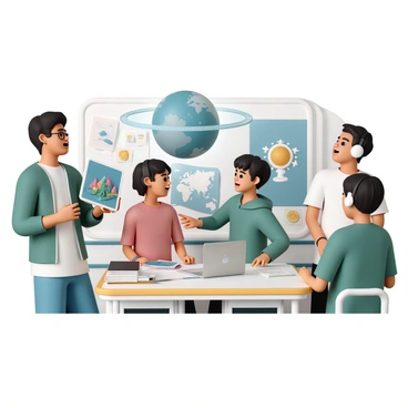 A group of four students is engaged in a geography class, using 3D maps and augmented reality tools. One student, wearing glasses, is holding a tablet that displays a colorful 3D map of a mountainous region. Another student, with short black hair and a green hoodie, is pointing at the map excitedly. A female student, wearing a red shirt, is interacting with a holographic projection of a globe that floats above a desk. The fourth student, wearing headphones, is observing the activity while taking notes on a laptop. The classroom is filled with educational posters and a world map hanging on the wall.