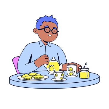 A cartoon illustration of Davies sitting at a small round table enjoying afternoon tea. Davies is depicted with a friendly expression, wearing a light blue shirt and glasses. In front of him is a bee-themed tea set featuring a teapot and mismatched cups adorned with playful bee designs. Next to the tea set, there is a plate filled with golden honey biscuits shaped like bees and flowers. A small jar of honey with a honey dipper is also present on the table. The scene captures a warm afternoon ambiance with soft shadows.