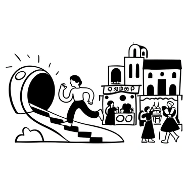 A cartoon character with exaggerated features stepping through a swirling time portal. The character is wearing a colorful outfit, with one foot already emerging from the portal. The historical scene in front of them depicts a vibrant marketplace from the Renaissance era, complete with various stalls, people dressed in period clothing, and items being sold. There are banners hanging above the stalls, and architecture typical of that period can be seen in the background.