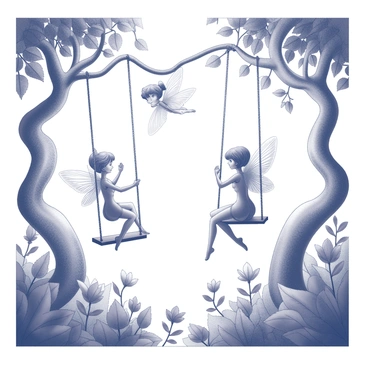 Fairies with delicate wings are swinging gracefully on natural swings made of twisting vines. Each fairy has an intricate design on their wings, which appear to flutter as they move. The jungle setting is dense with thick foliage, featuring various types of leaves and large, twisting vines that create a natural play area. Among the vines, there are clusters of flowers with distinct shapes, adding vibrant detail to the scene. The atmosphere is lively as the fairies interact with each other, playfully soaring through the air amidst the flora.