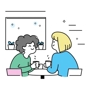 Two friends are sitting at a small round table in a cozy cafe. One friend has curly brown hair and is wearing a green sweater, while the other has straight blonde hair and is dressed in a blue jacket. They are both holding white coffee mugs and are leaning towards each other, smiling and sharing a laugh. The background features a large window with soft light coming through, illuminating a few potted plants on the windowsill. The cafe has wooden furniture and simple wall decorations.