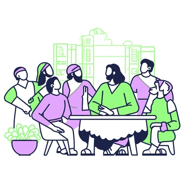 Lazarus is seated at a round table in an open courtyard, surrounded by a group of disciples engaged in lively conversation. He has long hair and a beard, wearing a simple tunic. The disciples, each with distinct features and clothing, are leaning in, listening intently to Lazarus as he shares stories. Some are smiling and laughing, while others nod in agreement, showing their enjoyment of the moment. In the background, there are pots of flowering plants, and the sunlight creates a warm atmosphere around the gathering.