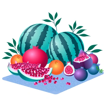 A vibrant still life arrangement featuring a variety of Yalda night fruits. In the composition, there are large, round watermelons with deep green stripes and a polished surface. Next to the watermelons, there are bright red pomegranates spilling their jewel-like seeds onto a textured tablecloth. Surrounding these fruits are smaller items such as oranges with a vibrant orange peel and juicy figs with a rich purple hue. The fruits are adorned with green leaves, enhancing the natural look of the scene. The play of light creates soft shadows and highlights the textures of the fruits, adding depth to the arrangement.