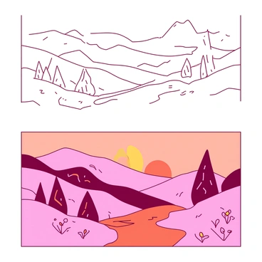 A pink and orange landscape begins with a simple black line sketch depicting rolling hills and a few sparse trees. Gradually, the sketch transitions into a colored illustration, where the hills are filled with soft pink tones and the trees take on vibrant orange hues. In the foreground, an orange river winds its way through the landscape, reflecting the colors of the sky. As the artwork progresses, details like small pink flowers and a bright orange sun emerge, bringing the scene to completion. The final part of the image showcases a fully realized colorful landscape, complete with intricate textures and a rich, inviting atmosphere.