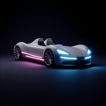 A sleek sports car, designed with an aerodynamic shape, features smooth curves and sharp angles. The car's surface is finished in a glossy metallic color, reflecting light. Glowing neon lines run along the contours of the vehicle, accentuating its modern design. The headlights are sharp and angular, emitting a bright blue light. Large alloy wheels feature intricate designs, and the car sits low to the ground, emphasizing its speed and agility. The background is dark, enhancing the vibrant colors of the neon lines.