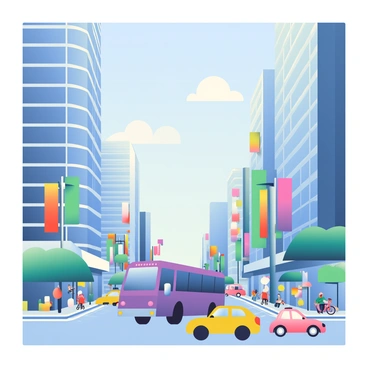 A purple bus is driving through a bustling city street. Tall skyscrapers with glass façades rise on both sides, reflecting the sunlight. The street is lively, with people walking on the sidewalks and a few bicycles parked nearby. Cars and taxis in various colors are navigating the road alongside the bus. Colorful banners hang from some buildings, adding vibrancy to the scene. The sky above is a clear blue, with a few fluffy white clouds scattered throughout.