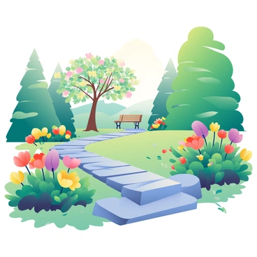 A peaceful afternoon in Dortmund's botanical gardens is depicted with vibrant, blooming flowers in various colors, including reds, yellows, and purples. The flowers are surrounded by lush green foliage, creating a vibrant contrast. There are tranquil stone paths winding through the garden, leading past flower beds and small shrubs. Sunlight filters through the leaves of the tall trees, casting gentle shadows on the pathways. In the distance, a small wooden bench sits under a flowering tree, inviting visitors to rest and enjoy the scenery.