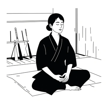 An aikido practitioner wearing a black gi is sitting cross-legged on a white tatami mat. The practitioner's eyes are closed, and their hands rest gently on their knees in a meditative pose. Soft light filters into the room, casting shadows on the mat. In the background, there are wooden training weapons neatly arranged against the wall. The atmosphere is calm and focused, emphasizing the serenity of the moment before beginning training.