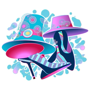 A collection of various fashion elements including “colorful hats” with intricate designs, “elegant shoes” featuring unique textures and styles, and “vibrant patterns” such as stripes and polka dots. The elements are artistically arranged in an overlapping manner on a “bright and dynamic background” filled with bold colors. Each piece is detailed, showcasing textures and colors that create a lively and engaging composition.