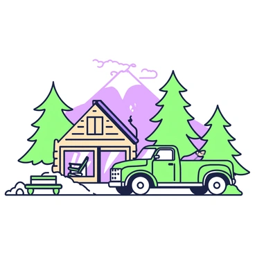 A rustic truck is parked outside a mountain cabin made of wooden logs. The cabin has a sloped roof and a front porch with a rocking chair. Smoke is rising from the chimney, indicating a warm fire inside. Surrounding the cabin, there are tall pine trees with a few scattered rocks on the ground. In the foreground, there is a small wooden bench beside the truck. The sky above is clear, showcasing the beauty of the mountainous landscape in the background.