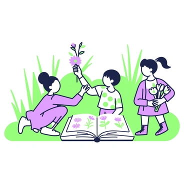 A group of children is picking flowers together in a vibrant meadow. There are three children: one is reaching for a flower, another is kneeling down to pick a blossom, and the third is standing with a handful of flowers. Each child has a unique hairstyle and is wearing colorful clothing. Next to them, on the grass, there is an open flower book displaying various flower illustrations and descriptions. In the background, there are green grasses and a few distant trees.