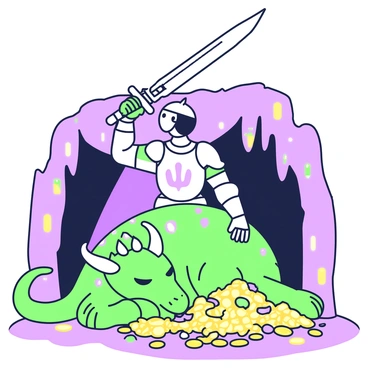 A knight in shining armor stands triumphantly with a sword raised high above his head. He has a determined expression, and his helmet reflects glimmers of light from the cave's interior. Below him lies a large dragon, its scales shimmering slightly, fast asleep on a bed of treasure and jewels. The cave is dimly lit, with stalactites hanging from the ceiling and shadows cast against the rocky walls. In the background, additional piles of gold coins and glittering gems are scattered around the dragon. The atmosphere conveys a sense of victory and adventure.