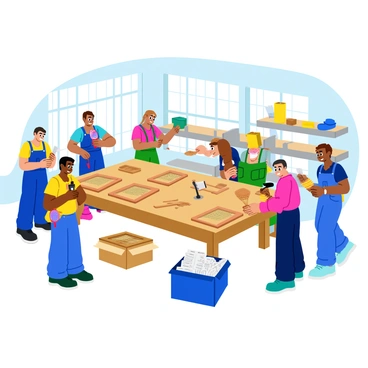 The interior of a factory filled with workers actively crafting high-quality tennis rackets. A large assembly table is set in the center, covered with wooden frames and strings for the rackets. Some workers are carefully applying grip tape on the handles, while others are expertly stringing the frames with bright, colorful strings. Shelves in the background hold various tools and materials, including rolls of string and wooden components. Large windows allow natural light to flood the space, highlighting the focused expressions of the workers as they meticulously create each racket. The floor is clean and organized, with finished rackets neatly stacked in boxes ready for distribution.