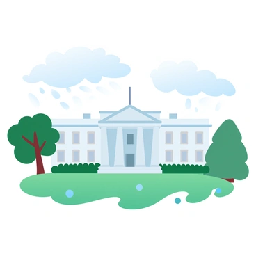 Raindrops are falling against the white facade of the White House. The sky is overcast with thick, grey clouds, creating a muted atmosphere. The lush green lawn in front of the building appears vibrant amidst the rain, with small puddles forming on the ground. The iconic columns of the White House stand tall, and a few trees surrounding the property sway gently in the breeze. A subtle shimmer of water can be seen as it catches the light from the overcast sky.