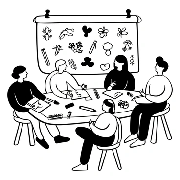 A group of students seated at a wooden table, each with sketchbooks open in front of them. They are focused on drawing various scientific specimens, such as plants, insects, and anatomical structures. Some students are using pencils, while others are employing pens and ink. Tools like rulers, erasers, and colored pencils are scattered across the table. A large poster displaying different scientific illustrations is pinned to the wall behind them. The atmosphere is one of concentration and creativity, with the students engaged in their work.
