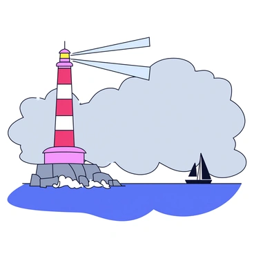 A tall lighthouse with a red and white striped exterior stands on a rocky coastline. The lighthouse has a circular base and a lantern room at the top, where a strong light beam extends outward. The beam of light cuts through a thick layer of gray fog that envelops the surrounding area. The ocean waves crash against the rocks below, creating a dynamic scene of nature. A silhouette of a ship can be seen in the distance, navigating towards the guiding light.