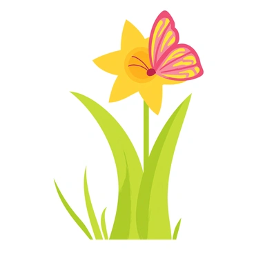 A colorful butterfly with intricate patterns on its wings is landing delicately on the bright yellow petals of a daffodil. The daffodil stands tall with a green stem, surrounded by lush green leaves in a vibrant garden setting. Soft sunlight filters through, highlighting the delicate texture of the butterfly's wings and the smooth surface of the daffodil petals. Small blades of grass can be seen in the foreground, completing the peaceful garden scene.