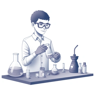 A chemistry student is standing at a laboratory bench. The student is wearing safety goggles and protective gloves. They are carefully holding a glass beaker filled with a bubbling liquid. Various chemical containers are arranged on the bench, with labels visible. The student’s expression reflects concentration and focus as they prepare to conduct an experiment. The laboratory is equipped with test tubes, pipettes, and a Bunsen burner in the background.