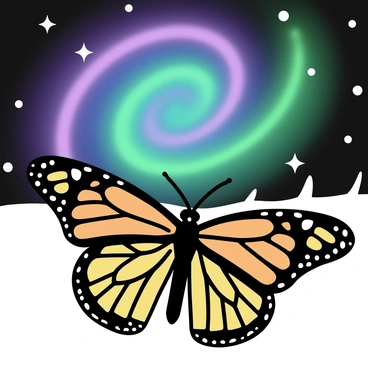 A monarch butterfly with distinctive orange and black wings is positioned prominently in the center. The butterfly's wings are fully spread, showcasing intricate patterns. Above it, the sky is vibrant with the colors of the Northern Lights, featuring swirling greens, purples, and blues that create a striking contrast against the dark night sky. The scene captures the ethereal glow of the lights, reflecting softly on the butterfly's wings.