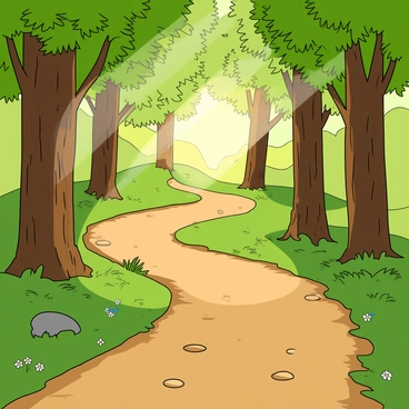 A winding forest path covered with soft brown soil and scattered pebbles. Sunlight streams through the dense canopy of leaves, creating playful patches of light and shadow along the trail. Tall trees with thick trunks surround the path, their bright green leaves fluttering gently in the breeze. A few ferns and wildflowers peek out from the sides of the path, adding touches of color. The atmosphere feels inviting and vibrant as the warm light filters through the branches.