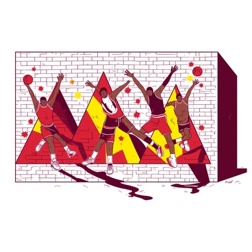 A vibrant mural on a brick wall showcases "Michael Jordan" executing his famous dunks and moves. The mural features multiple dynamic poses of "Michael Jordan" in mid-air, gracefully soaring for a slam dunk. Each pose is illustrated in a different action sequence, capturing the intensity and power of his athleticism. The background of the mural includes abstract shapes that emphasize the motion of the jumps, creating a sense of energy. There are splashes of color around each move, enhancing the excitement of the scene.
