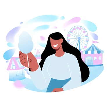 A young woman with long black hair is smiling while enjoying rides at a colorful fair. She is holding a large fluffy piece of "cotton candy" in one hand. Around her, various rides with bright lights and vibrant colors are visible, including a Ferris wheel and carousel. Balloons in different shades float in the air, adding to the festive atmosphere of the fair. There are also colorful tents and booths selling snacks and games nearby.