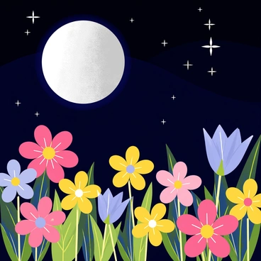 A nighttime scene featuring a variety of colorful flowers with luminescent petals. The flowers are arranged in a lush, green garden under a clear sky. A large, round silver moon illuminates the garden, casting gentle light over the flowers and creating soft shadows. Bright stars twinkle in the dark sky above, adding to the nighttime ambiance.