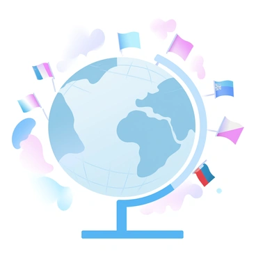 A globe is placed on a surface, featuring small flags from various countries attached around it. The flags are vibrantly colored and represent different nations, each with unique designs. The globe itself has geographical details outlined in fine lines, showcasing continents and oceans. The flags are arranged evenly around the globe, creating a harmonious appearance. The background is softly blurred to keep the focus on the globe and the flags.