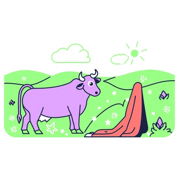 A bull looking at a red cape, with a confused expression, surrounded by colorful fields