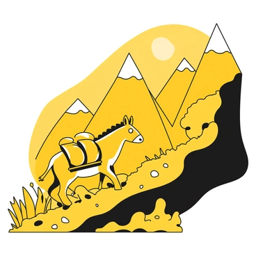 A donkey with a sturdy body, displaying a short coat, walks steadily up a narrow mountainous trail. The donkey is loaded with several yellow sacks filled with goods balanced on either side of its back. The trail is rocky and steep, with patches of grass and small stones scattered along the path. In the background, towering mountains rise sharply, their peaks appearing sharp against the sky. The scene conveys a sense of determination and hard work as the donkey continues along the challenging route.