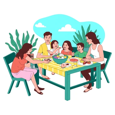 A teal patio table is set in a sunny outdoor area, surrounded by a family of five. The family includes two adults and three children, all smiling and laughing together. The table is adorned with a yellow checkered tablecloth, and various picnic dishes are laid out, including a large bowl of fresh salad, sandwiches, and fruits. One child is reaching for a sandwich while another is holding a bright yellow drink, and the adults are engaged in conversation, sharing joyful moments. Behind them, there are potted plants and a clear blue sky creating a vibrant atmosphere.