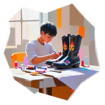 An artisan with medium skin tone and short black hair is carefully applying custom patches and designs to a pair of black leather motorcycle boots. The artisan is seated at a well-organized workbench, surrounded by various tools, threads, and vibrant patches. The boots are positioned prominently on the table, showcasing intricate embroidery designs featuring flames and skulls. The artisan holds a needle and thread, concentrating on stitching one of the patches onto the side of the boot. Sunlight filters through a nearby window, illuminating the workspace and highlighting the textures of the leather and fabric.