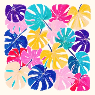 A repeating pattern features several monstera leaves in various colors. Each leaf is detailed with distinctive holes and slits, showcasing their iconic shape. The leaves are arranged in a grid-like formation, overlapping slightly for a cohesive look. The colors range from deep green to bright teal, soft yellow, and rich burgundy, creating a vibrant contrast. The background is a subtle off-white, allowing the colors of the leaves to stand out prominently.