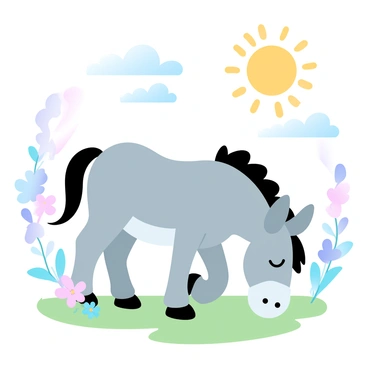 A fluffy donkey is grazing peacefully in a sunny meadow. The donkey has a soft, thick coat with shades of gray and white. Around the donkey, the meadow is vibrant with an array of wildflowers in various colors, creating a lively scene. The sun is shining brightly in the sky, casting a warm light over the landscape. Gentle green grass sways slightly in the breeze, completing the tranquil atmosphere of the meadow.