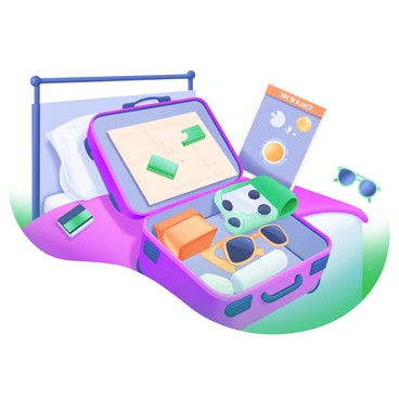A modern pastel illustration featuring an open suitcase resting on a neatly made bed. Inside the suitcase, there are travel essentials arranged thoughtfully, including a folded map, a compact camera, and neatly rolled clothes. The bedspread is a soft color, complementing the items in the suitcase. Surrounding the bed are a pair of sunglasses and a travel guidebook, adding to the travel theme.