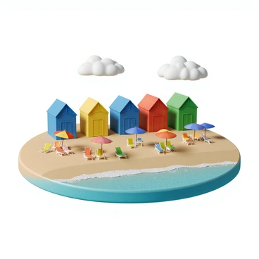 An isometric view showcases a series of colorful beach houses, each painted in vibrant hues such as blue, yellow, red, and green. These houses are lined up neatly along a sandy shore, with fine grains of sand visible at the base. In the foreground, beach chairs with bright umbrellas are placed on the sand, creating a lively atmosphere. The ocean waves gently lap at the shoreline, complementing the scene with shades of turquoise and white froth. The sky above is clear with a few fluffy white clouds, enhancing the cheerful beach setting.