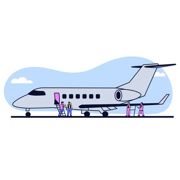 A luxurious private jet with a sleek, modern design is positioned on a small airport runway. The jet features a shiny silver fuselage and large, tinted windows. Nearby, a small group of personnel dressed in professional uniforms is attentively preparing for the jet's departure. In the background, there is a clear blue sky, and a few scattered clouds enhance the serene atmosphere of the scene.