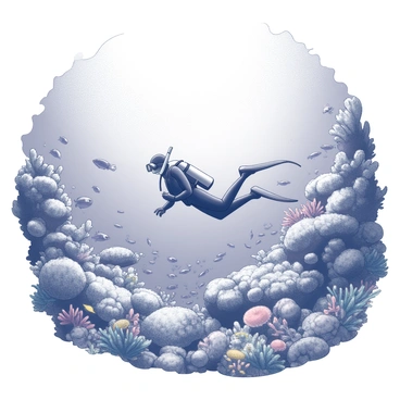 A diver is submerged in clear waters, exploring an underwater scene filled with diverse coral reefs. The reefs are densely populated with various shapes and textures, including branching corals and colorful formations. Surrounding the diver, numerous species of marine life can be seen, such as schools of fish darting among the coral, sea turtles gliding gracefully, and anemones swaying softly in the current. The sunlight filters down through the water's surface, illuminating the vibrant underwater landscape. The diver is equipped with a wetsuit and a snorkeling mask, creating a sense of adventure in this aquatic environment.