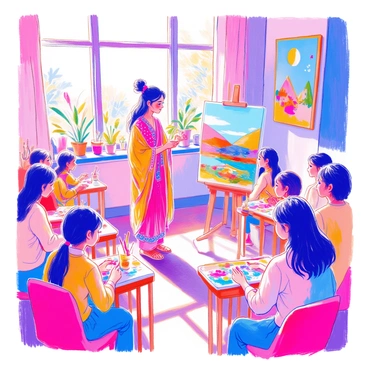 A modern Indian woman stands at the front of a bright, airy classroom filled with natural light. She has long black hair tied back in a loose bun and is wearing a colorful kurta with intricate designs. In front of her, an easel holds a canvas displaying a vibrant landscape painting. A group of eager students, of varying ages and backgrounds, are seated at tables with paintbrushes and palettes in hand. Each student is focused, looking up at her for guidance as she explains a painting technique. The walls are adorned with student artworks, showcasing a range of styles and colors, creating an inspiring atmosphere.