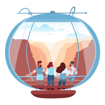 A group of four adventurers is standing inside a zeppelin gondola. The gondola is made of polished wood and has large windows that frame the breathtaking view outside. The adventurers are holding onto the railing, looking out over a vast canyon below. The canyon has steep, rocky cliffs in varying shades of brown and orange, stretching into the distance. Wispy clouds drift through the sky, and the sun casts a warm light, creating a play of shadows on the canyon walls. A gentle breeze is visible through the fluttering fabric surrounding the gondola.