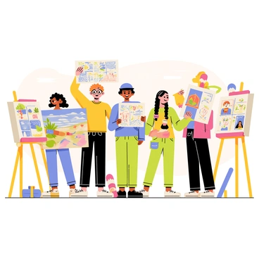 A group of five diverse young artists stands together, each holding up their illustration contest entries. The first artist, a girl with curly hair and glasses, showcases a colorful landscape drawing. Beside her, a boy with short hair and a cap presents a comic book page filled with superheroes. A third artist, a girl with braids, displays a vibrant abstract painting. The fourth artist, a boy with a skateboard, reveals a detailed nature sketch. Finally, a girl with brightly dyed hair holds up a fantastical character illustration. The background is filled with art supplies and easels to create an engaging atmosphere.