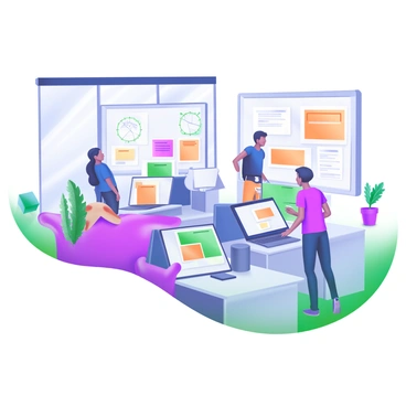 A vibrant tech startup office filled with sleek modern computers arranged on minimalist desks. Brightly colored whiteboards are mounted on the walls, covered in diagrams and notes from recent brainstorming sessions. Teams of diverse individuals engage in discussions, some standing while others sit, actively sharing ideas. Potted plants add touches of green to the space, and large windows let in natural light, enhancing the energetic atmosphere.