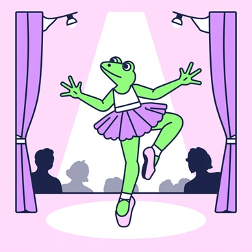 A graceful frog wearing a tutu and ballet shoes is performing on a stage. The frog is in mid-leap with its arms extended elegantly. The tutu is puffed out, showcasing layers, while the ballet shoes are snugly fitted to its webbed feet. The stage is adorned with bright lights shining down, creating an atmosphere of excitement. In the background, there are curtains drawn to the sides, and the audience can be seen as silhouettes, eagerly watching the performance.