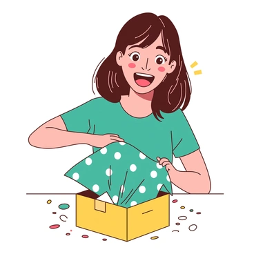 A person with medium-length brown hair is sitting at a table, enthusiastically opening a brightly wrapped gift. The wrapping paper is a vibrant teal with white polka dots. As the person removes the top layer of the wrapping, their eyes widen and their mouth forms a joyful smile, expressing delightful surprise. The gift box is a bright yellow, and colorful confetti is scattered around the table, enhancing the festive atmosphere. The background includes soft lighting that adds warmth to the scene.