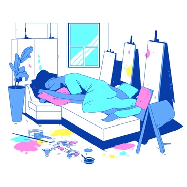 A blue artist is peacefully napping on a white couch in their vibrant studio. The couch is adorned with a few colorful throw pillows. Surrounding the artist are numerous unfinished canvases leaning against the walls. The studio floor is covered with yellow and pink paint splatters, creating a lively atmosphere. Various art supplies, including brushes and paint tubes, are scattered around the artist, enhancing the creative environment. The light from a nearby window casts soft shadows across the room, adding depth to the scene.
