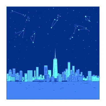 A blue city skyline is illuminated by numerous bright lights, showcasing tall buildings with reflective glass surfaces. Above the skyline, several faint constellations are visible against a dark sky filled with scattered stars. The constellations are depicted with delicate lines connecting the stars, forming recognizable shapes. The contrast between the vibrant city lights and the subtle celestial patterns creates an intriguing visual dynamic.