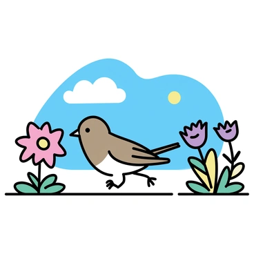 A small sparrow with brown and white feathers is hopping along the ground in a flower garden. The garden is filled with a variety of colorful flowers including red, yellow, and purple blooms. Green leaves surround the flowers, adding to the vibrant scene. Above, a clear blue sky is visible, with a few fluffy white clouds scattered throughout. The sunlight casts soft shadows on the ground, enhancing the lively atmosphere of the garden.