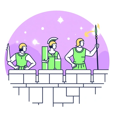 A group of ancient Greek guards is patrolling the city walls during dusk. The guards are wearing traditional armor, including bronze helmets and breastplates. They hold spears in their right hands while their left hands rest on their hips. The city walls are made of large stone blocks, and the guards are positioned at intervals along the parapet. In the background, the sky transitions from light to dark, with stars beginning to emerge. A torch is lit by one of the guards, casting a warm glow on his face and illuminating the nearby stonework.