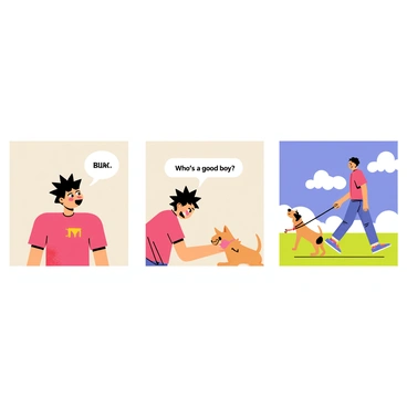 A comic strip consisting of three sequential panels arranged horizontally on a 1/2 size illustration board. The first panel shows a character with spiky hair wearing a bright red shirt, looking surprised as a small dog barks at them. The second panel features the same character now laughing and bending down to pet the dog, with a speech bubble that says "Who's a good boy?" The third panel captures the character and the dog happily walking together, with the character holding a leash and a smile on their face, under a sunny blue sky with fluffy white clouds.